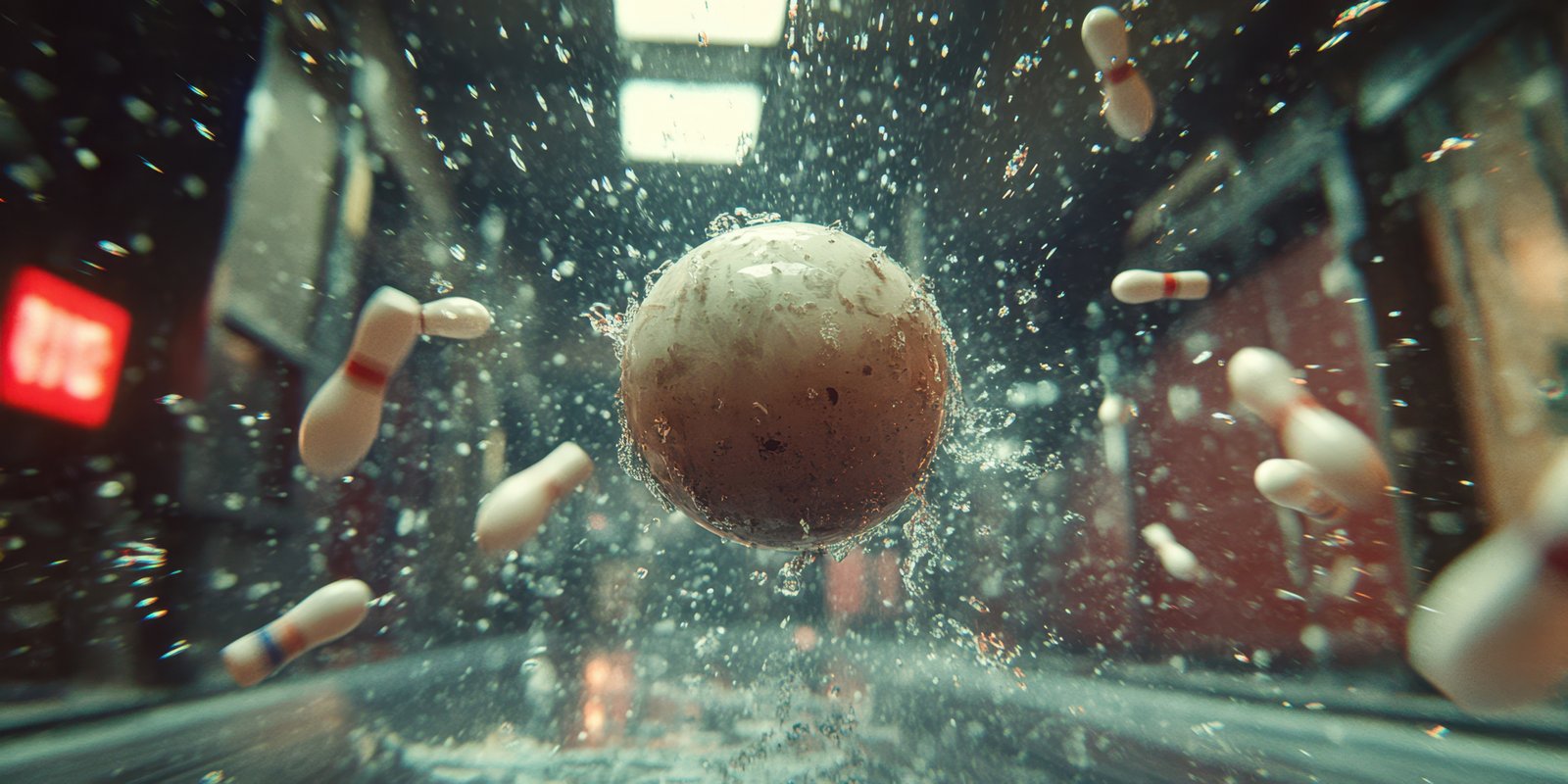 Bowling ball splashes into water surrounded by pins in an alley setting